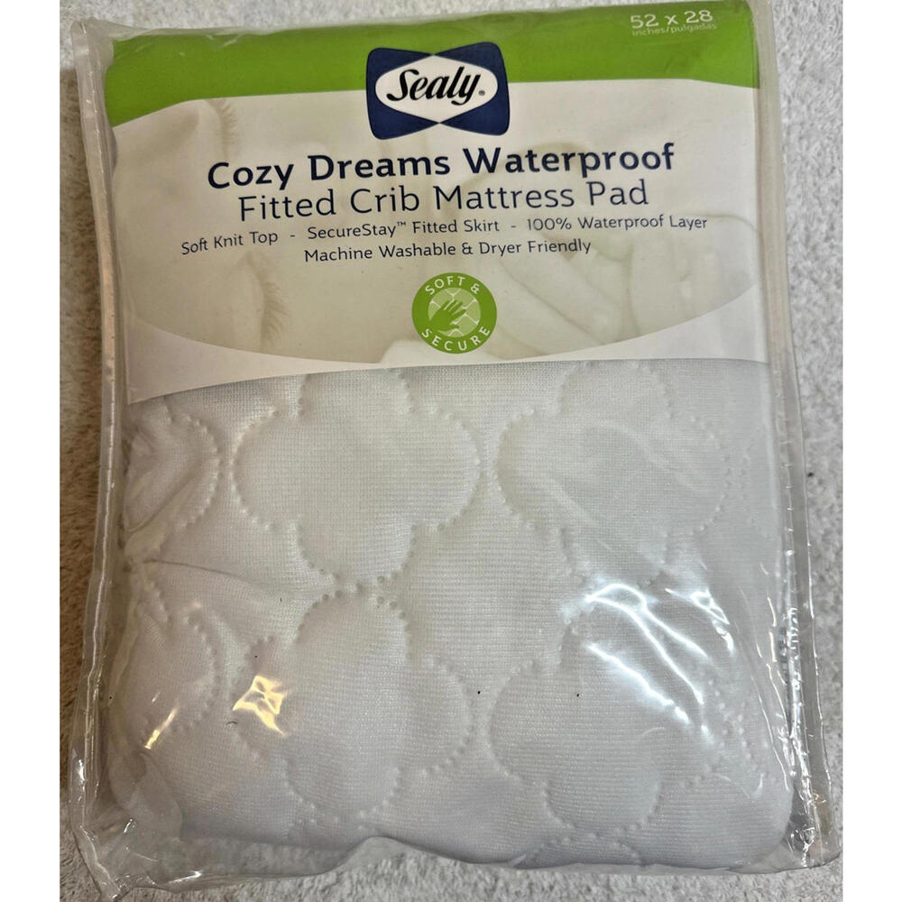New Sealy Crib Mattress Pad Cozy Dreams Waterproof Fitted White 52x28 ED021-QWX1